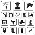 Rodeo, competition black icons in set collection for design. Cowboy and equipment vector symbol stock web illustration. Royalty Free Stock Photo