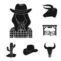 Rodeo, competition black icons in set collection for design. Cowboy and equipment vector symbol stock web illustration. Royalty Free Stock Photo