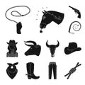 Rodeo, competition black icons in set collection for design. Cowboy and equipment vector symbol stock web illustration. Royalty Free Stock Photo