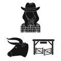 Rodeo, competition black icons in set collection for design. Cowboy and equipment vector symbol stock web illustration. Royalty Free Stock Photo