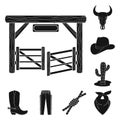 Rodeo, competition black icons in set collection for design. Cowboy and equipment vector symbol stock web illustration. Royalty Free Stock Photo