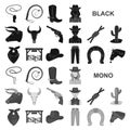 Rodeo, competition black icons in set collection for design. Cowboy and equipment vector symbol stock web illustration. Royalty Free Stock Photo