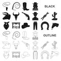 Rodeo, competition black icons in set collection for design. Cowboy and equipment vector symbol stock web illustration. Royalty Free Stock Photo