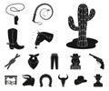Rodeo, competition black icons in set collection for design. Cowboy and equipment vector symbol stock web illustration. Royalty Free Stock Photo