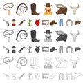 Rodeo, competition cartoon icons in set collection for design. Cowboy and equipment vector symbol stock web illustration