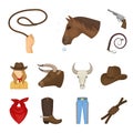 Rodeo, competition cartoon icons in set collection for design. Cowboy and equipment vector symbol stock web illustration