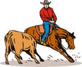 Rodeo cowboy horse cutting