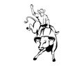 Rodeo or Cowboy Riding a Wild and Furious Bull Illustration with Silhouette Style Royalty Free Stock Photo