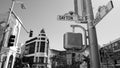 Rodeo drive road Street signs with famous shopping in the background in white and black Royalty Free Stock Photo