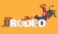 Rodeo lettering concept. Cowboy on bull, boots and hat on yellow background Royalty Free Stock Photo