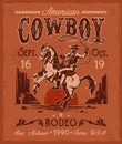 Rodeo poster with a cowboy sitting on rearing horse in retro style Royalty Free Stock Photo