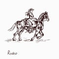 Rodeo queen on horse, woodcutstyle ink drawing illustration