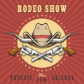 Rodeo Show Emblem with Cowboy Hat and Revolvers