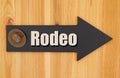 Rodeo type message on a hanging arrow chalkboard sign with a western cowboy hat