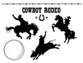 Rodeo. Vector American set of Rodeo. Black silhouette riders on bull and wild horse on white background