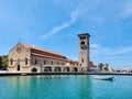 Mandraki harbor, Evangelismos Church in Greece Royalty Free Stock Photo