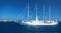 RODOS ISLAND, GREECE, JUNE 25, 2013: View on beautiful classic white yacht WIND SPIRIT Nassau with tourists. Greek island holidays
