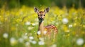 Roe deer, Capreolus capreolus, chewing green leaves. Beautiful blooming meadow with many white and yellow flowers and animal,