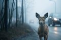 A roe deer stands on the road near the forest in the fog, cars are driving along the road Royalty Free Stock Photo
