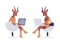 Roe deer woman with laptop, gazelle lady, animal head human