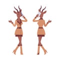 Roe deer woman walking with smartphone, gazelle lady, animal head