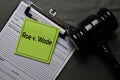 Roe v. Wade on sticky notes and gavel isolated on office desk. Law concept Royalty Free Stock Photo