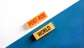 Roe vs Wade post-Roe world symbol. Concept words Post-Roe world on wooden blocks on a beautiful white and blue background.