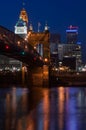 Roebling Suspension Bridge and Cincinnati Royalty Free Stock Photo