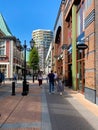View on exterior shopping street in summer with blue sky