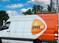 View on parcel delivery van car of dutch company postnl