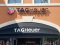 View on store facade with logo lettering of tag heuer swiss luxury watches comany Royalty Free Stock Photo