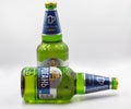 Rogan Ukrainian lager beer bottles closeup on white Royalty Free Stock Photo