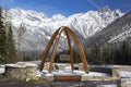 Rogers Pass Canada Landmark Monument and Snowy Selkirk Mountain Range Skyline