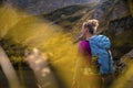 Rohacske lake in Slovakia. Western Tatras mountains, Rohace Slovakia. Woman hiker with backpack rises to the mountains. Discovery Royalty Free Stock Photo