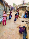 Rohingya refugee children playing in narrow alleys in Kutupalong refugee camp in Ukhia, Cox`s Bazar, Bangladesh