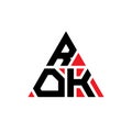 ROK triangle letter logo design with triangle shape. ROK triangle logo design monogram. ROK triangle vector logo template with red