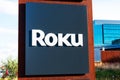Roku sign and logo at consumer electronics and broadcast media company headquarters in Silicon Valley