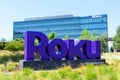Roku sign, logo at corporate headquarters campus of consumer electronics and broadcast media company in Silicon Valley - San Jose