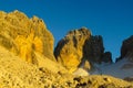 Dolomites rocky mountain wall in sunset light Royalty Free Stock Photo