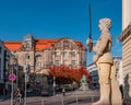 Roland Knight statue and statue of great scientist Otto Guericke at the Town Hall Rathaus in Magdeburg, Saxony-Anhalt, Germany,