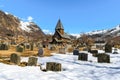 Roldal Stave Church Roldal stavkyrkje with snow graveyard fore Royalty Free Stock Photo