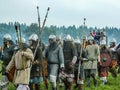 Role play - the reenactment of the battle of the ancient Slavs on the festival of historical clubs in the Kaluga region of Royalty Free Stock Photo