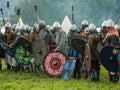 Role play - the reenactment of the battle of the ancient Slavs on the festival of historical clubs in the Kaluga region of Royalty Free Stock Photo