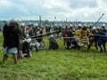 Role play - the reenactment of the battle of the ancient Slavs on the festival of historical clubs in the Kaluga region of Royalty Free Stock Photo