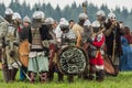 Role play - the reenactment of the battle of the ancient Slavs in the fifth festival of historical clubs in Zhukovsky district of Royalty Free Stock Photo