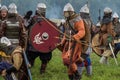 Role play - the reenactment of the battle of the ancient Slavs in the fifth festival of historical clubs in Zhukovsky district of Royalty Free Stock Photo