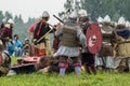 Role play - the reenactment of the battle of the ancient Slavs in the fifth festival of historical clubs in Zhukovsky district of Royalty Free Stock Photo