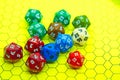 Role-playing board with several colored dice