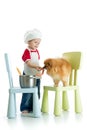 Role-playing game. Kid boy plays chef with pet. Child weared cook feeds dog.