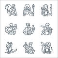 Roleplaying avatars line icons. linear set. quality vector line set such as assasin, crossbow, samurai, swordsman, alchemy,